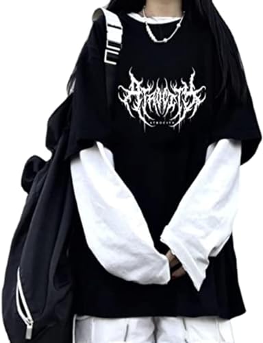 AIDISEN Goth Shirt Goth Shirt Fake Zweiteilige Alternative Kleidung Retro Baggy Goth Langarm Top Garbage Goth T-Shirts, Schwarz von AIDISEN