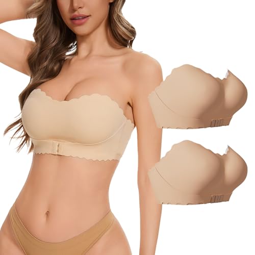 2er Damen Trägerloser BH mit Bügel Durchsichtig Nahtloser Dirndl Bandeau BHS mit Transparenten Trägern EIN Paar Klebe-BH Strapless Bra - S von AIEOE