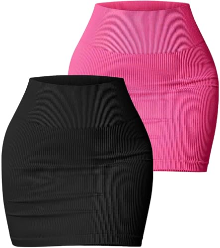 AIEOE 2 Stück Damen Mini Sexy Röcke Etuirock Aderent Kurz Stretch Gerippt Sommer Elegant Cocktail Rock Größe M Schwarz + Rosa von AIEOE