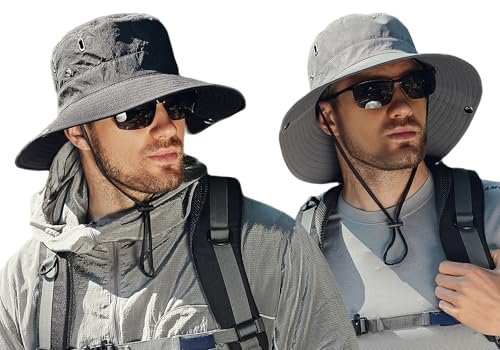 AIEOE 2 Stück Fischerhut Herren Sommerhut Herren Leicht Breitkrempiger Hut Herren UV Schutz Hut Herren Fischerhut wasserdichte Mütze Herren Schwarz+Grau von AIEOE
