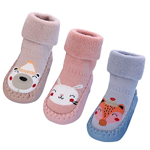 AIEOE 3 Paar Anti Rutsch Babysocken Kindersocken Erstlingssöckchen Kleinkind Rutschfest Baumwolle Baby Mädchen Jungen Socken 12CM/6-12 Monate von AIEOE