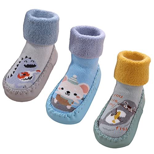 AIEOE 3 Paar Niedliche Antirutsch Knöchelsocken Baumwollsocken Cartoon Atmungsaktive Kinder Stoppersocken Krabbelsocken für Neugeborene Baby Jungen Mädchen 13CM/12-18 Monate von AIEOE