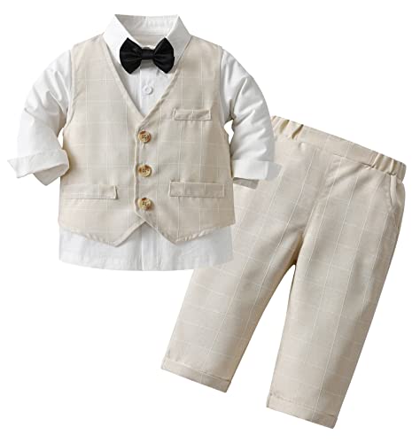 AIEOE 3 STÜCKE Neugeborenes Baby Taufanzug Hemd Jacke Hose Fliege Mit Langen Ärmeln Geeignet von 6-9 Monaten Beige von AIEOE