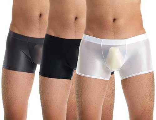 AIEOE 3 Stück Männer Boxershorts Sexy Niedrige Taille Sexy Ölige Oberfläche Transparent Sexy Knöchel Sex Slip Größe M Weiß+Schwarz+Grau von AIEOE