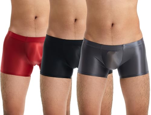 AIEOE 3 Stück Sexy Slips Herren mit Niedrig Taille für Sex Sexy Slick Transparent Hot Erotic Crotch Boxer Shorts Größe XL Schwarz+Grau+Rot von AIEOE