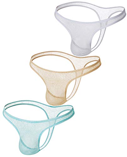 AIEOE 3 Stück Sexy Tanga String Herren String Männer Dessous Transparente Unterwäsche Blau Weiß Beige Größe L von AIEOE