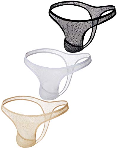 AIEOE 3 Stück Sexy Tanga String Herren String Männer Dessous Transparente Unterwäsche Schwarz Weiß Beige Größe L von AIEOE