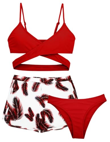 AIEOE 3 Stück Tropical Print Criss Cross Bikini Set Badeanzug mit Cover Up Shorts Böhmisch 10-11 Jahre Rot von AIEOE