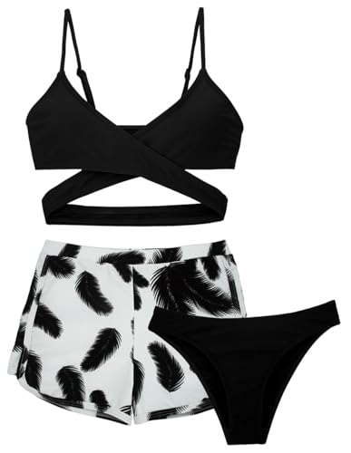 AIEOE 3 Stück Tropical Print Criss Cross Bikini Set Badeanzug mit Cover Up Shorts Böhmisch 10-11 Jahre Schwarz von AIEOE