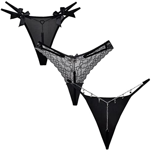 AIEOE 3er Pack Spitze Strings Tangas Damen Baumwolle Unterwäsche Sexy Thongs Kette aus Metall L von AIEOE