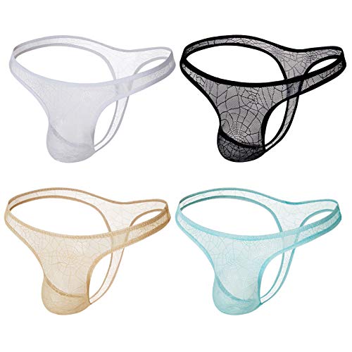 AIEOE 4 Stück Sexy Tanga String Herren String Männer Dessous Transparente Unterwäsche Schwarz Weiß Beige Blau Größe L von AIEOE