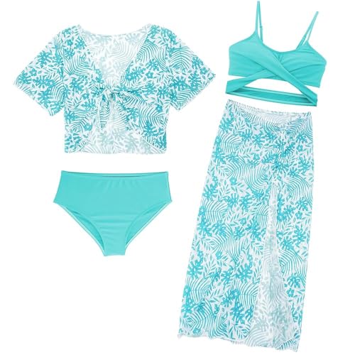 AIEOE 4-Teilig Bademode Halter Bikini Set Mädchen mit Floral Bohemian und Cover Up Rock Sommer 10 Jahre Grün B von AIEOE