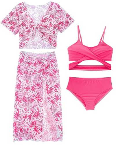 AIEOE 4-Teilig Bademode Halter Bikini Set Mädchen mit Floral Bohemian und Cover Up Rock Sommer 10 Jahre Rosa B von AIEOE
