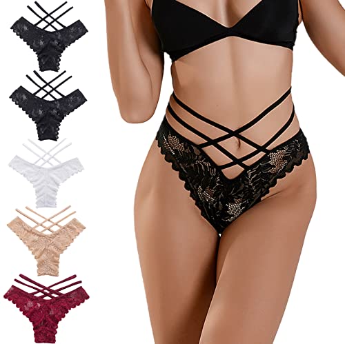 AIEOE 5er Pack Spitze String Tangas Set Unterhosen Damen Sexy V-Waist Niedrige Taille T-Förmige Slip Panties M von AIEOE