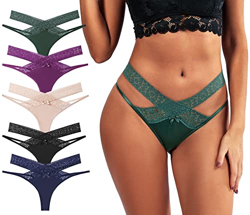 AIEOE 5er Pack Spitze String Tangas Set Unterhosen Damen Sexy V-Waist Niedrige Taille T-Förmige Slip Panties XL von AIEOE