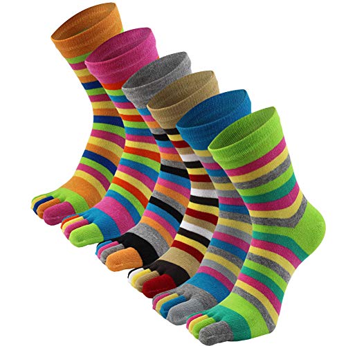 AIEOE 6 Paar Zehensocken Damen Mädchen Fünf Finger Baumwolle Sport Laufende Sneaker Socken Bunte Gestreift Sportsocken von AIEOE