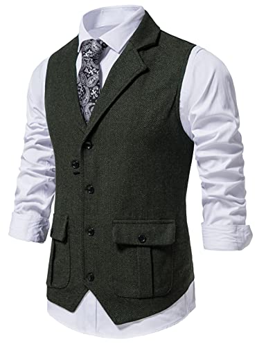 AIEOE Anzugweste für Herren, Fischgrätenmuster, Tweed, Anzug, Weste, Business, formelle Kleid, Westen, schmale Passform, taillierter Kragen, Weste, Dunkelgrün, Medium von AIEOE