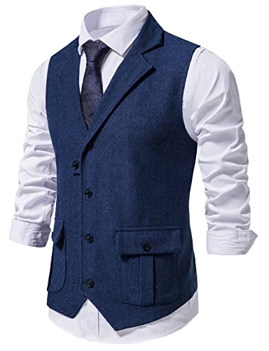 AIEOE Anzugweste für Herren, Fischgrätenmuster, Tweed, Anzug, Weste, Business, formelle Kleid, Westen, schmale Passform, taillierter Kragen, Weste, Marineblau, X-Large von AIEOE