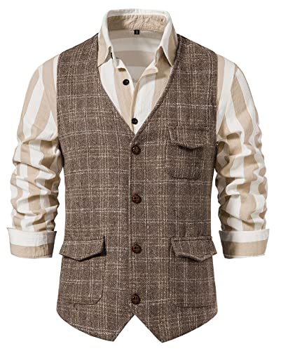 AIEOE Anzugwesten Herren Retro Tweed Weste Karo Formelle Weste Männer Hochzeitweste Smoking Braun 03 L von AIEOE