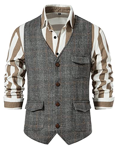 AIEOE Anzugwesten Herren Retro Tweed Weste Karo Formelle Weste Männer Hochzeitweste Smoking Grau 03 L von AIEOE