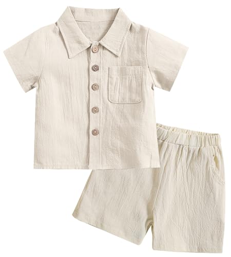 AIEOE Baby Jungen Mädchen Baumwolle Leinen T-Shirt Tops Shorts 2er Sets Sommeranzug Outfits 12-18 Monate Beige B von AIEOE