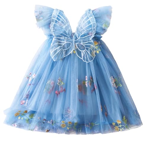 AIEOE Baby Mädchen Baumwolle Prinzessin Kleid mit Tüll Floral Ärmellose Kleider für Strand Reisen Kind Mädchen 2-3 Jahre Blau von AIEOE