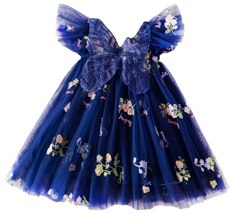 AIEOE Baby Mädchen Baumwolle Prinzessin Kleid mit Tüll Floral Ärmellose Kleider für Strand Reisen Kind Mädchen 2-3 Jahre Dunkelblau von AIEOE