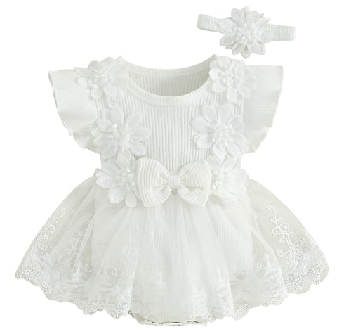 AIEOE Baby Mädchen Spitzenkleid Strampler Ärmellos Baby Taufkleider Mädchen Baby mit Tiara Weiß 0-3 Monate von AIEOE