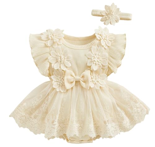 AIEOE Babykleidung Mädchen Kleider für Mädchen Baby Set Tüllkleid für Mädchen Ärmelloses + Stirnband Outfit Beige 3-6 Monate von AIEOE