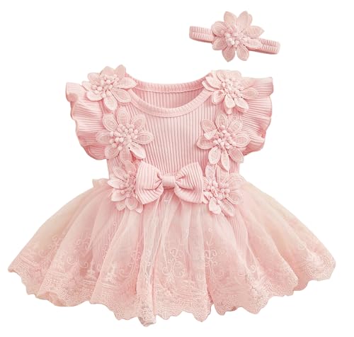 AIEOE Babykleidung Mädchen Kleider für Mädchen Baby Set Tüllkleid für Mädchen Ärmelloses + Stirnband Outfit Rosa 3-6 Monate von AIEOE