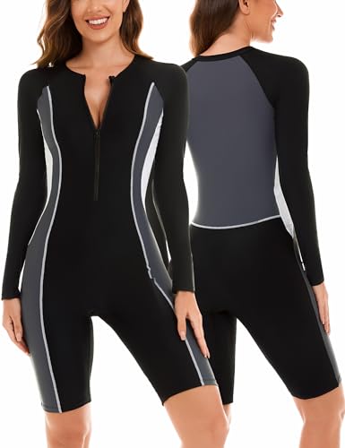 AIEOE--Badeanzug Damen Frauen Surfanzug mit Bein Reißverschluss Einteiler Rash Guard mit Bein UPF 50+ Bademode Surfen Schwimmanzug Badebekleidung XL Schwarz von AIEOE