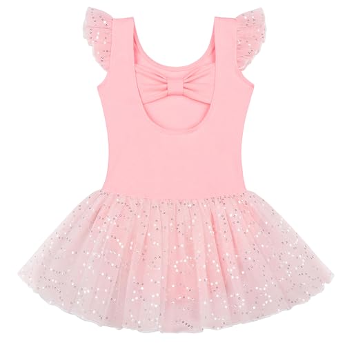AIEOE Ballettkleid Mädchen Baumwolle Kurzarm mit Paillette Schleifen Ballett Kleider Kinder mit GlänzenderTütü 3-4 Jahre Rosa von AIEOE