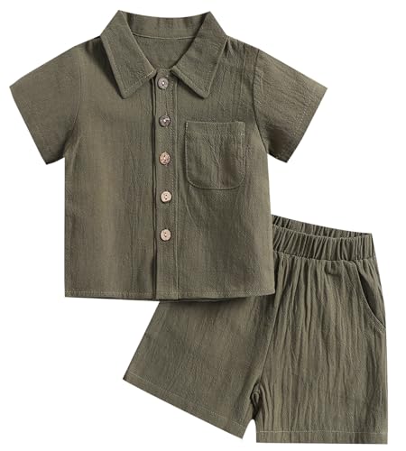 AIEOE Baumwolle Baby Junge Kleidung Sets Sommer Outfit Leinen Knopf Unten T-Shirt Tops und Shorts 2-3 Jahre Army-Grün A von AIEOE