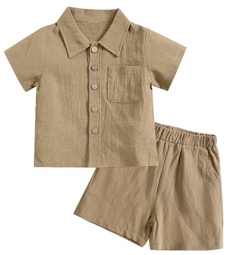 AIEOE Baumwolle Baby Junge Kleidung Sets Sommer Outfit Leinen Knopf Unten T-Shirt Tops und Shorts 2-3 Jahre Braun B von AIEOE
