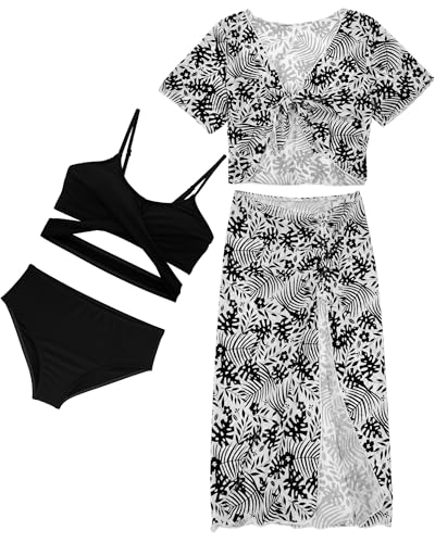 AIEOE Bikini Set Mädchen 4 Stück Schwimmanzug Sommer Swimsuit Cover Up Bikinibluse Stretch mit Langer Rock 12 Jahre Schwarz von AIEOE