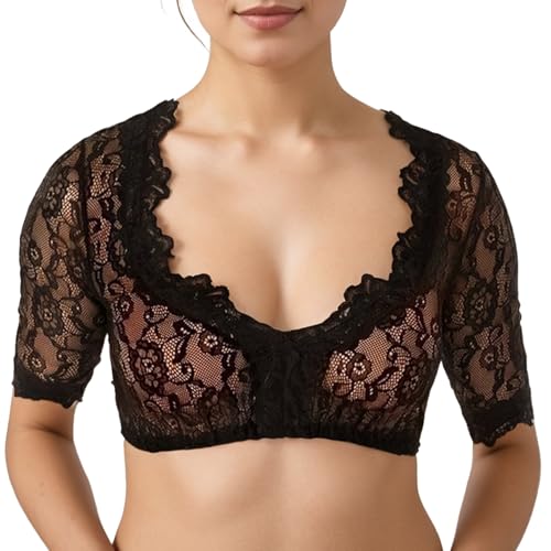AIEOE Blusen Kurzarm Damen Dirndlbluse Elegant Spitze Trachtenbluse Oktoberfest Oberteile Traditionell Bierfest Karneval Bluse M Weiß von AIEOE