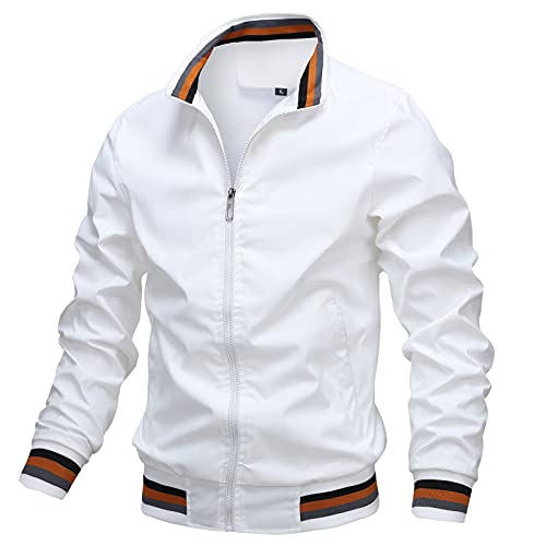 AIEOE Bomberjacke Weiß Herren Leichtes College Jacke Windbreaker Sportjacke mit Gestreiftem Bund und Innentasche - M (EU/US XS) von AIEOE
