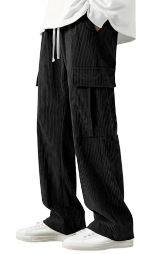 AIEOE Cordhose Herren Baggy Y2k Weit Bein Hose Vintage Freizeithose mit Kordelzug Männer Sommerhose Lang Schwarz Größe L von AIEOE