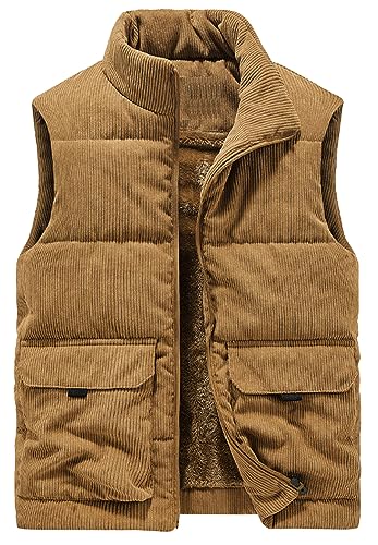 AIEOE Cordweste Herren Weste mit Futter Ärmellose Jacke Stehkragen Sleeveless Vest Khaki 01 Herstellergröße 4XL/ EU Größe XL von AIEOE