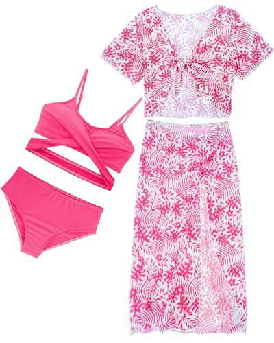 AIEOE Cover Up Bikinioberteil Mädchen Bikini Set 4 Stück Schwimmanzug Sommer Bademode Stretch Swimsuit mit Langer Rock Strand Sports 9 Jahre Rosa von AIEOE