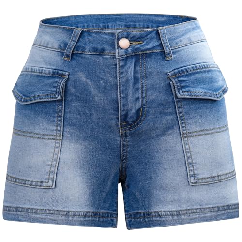 AIEOE Cowgirl Denim Shorts Damen Hohe Taille Kurze Hose Elastische Sommer mit Taschen Reißverschluss Größen 3XL Hellblau B von AIEOE