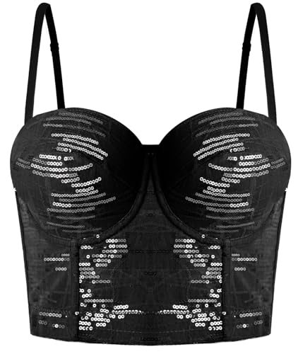 AIEOE Crop Top Damen Bustier Korsett Bauchfrei Wetlook Shirts Kurz Tanktop Spaghetti BH mit abnehmbaren Trägern Oberteile Bekleidung für Jeans Rock Schwarz - L von AIEOE