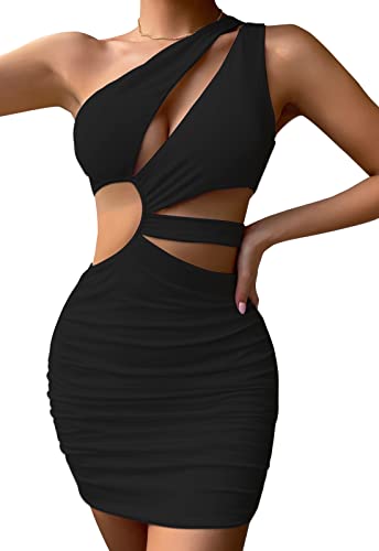 AIEOE One Shoulder Kleid für Damen Kurzrock mit Hohlem Sexy Minikleid für Party Cocktail Taille Zeigen Größe M Schwarz von AIEOE