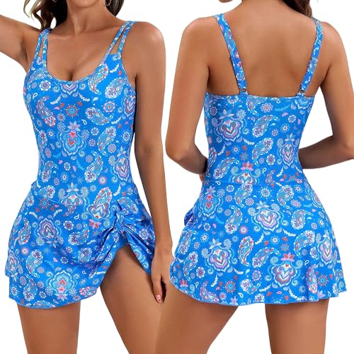 AIEOE-Damen Badeanzug Wickel Push Up Bademode Raffung Bauchweg Einteilige Strandmode Swimsuit Eingebauter Badebrief Plus Size Swim Rock L Blau von AIEOE