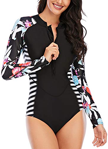 AIEOE Damen Badeanzug mit Langen Ärmeln, Einteiler, Rashguard, UV-Schutzfaktor 50+, Sonnenschutz, Reißverschluss, Surfen, Badeanzug, S-2XL Gr. L, schwarz 2 von AIEOE