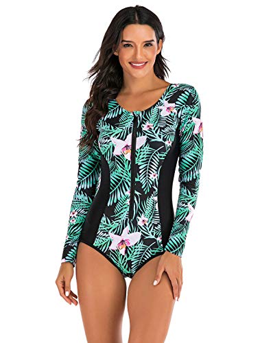 AIEOE Damen Badeanzug mit Langen Ärmeln, Einteiler, Rashguard, UV-Schutzfaktor 50+, Sonnenschutz, Reißverschluss, Surfen, Badeanzug, S-2XL Gr. M, grün von AIEOE