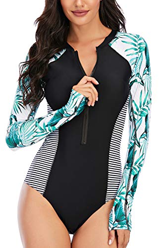 AIEOE Damen Badeanzug mit Langen Ärmeln, Einteiler, Rashguard, UV-Schutzfaktor 50+, Sonnenschutz, Reißverschluss, Surfen, Badeanzug, S-2XL Gr. S, schwarz 1 von AIEOE