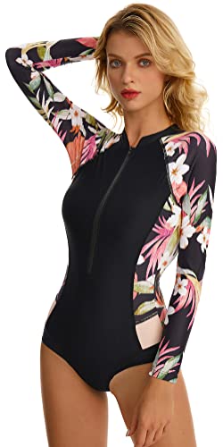 AIEOE Damen Bademode Badeanzug UV-Schutz Reißverschluss Langarm Shirt Slim-Fit Surf Shirt Kordelzug Badeshirts Tops Langarm Badeanzüge Bedruckt UV von AIEOE