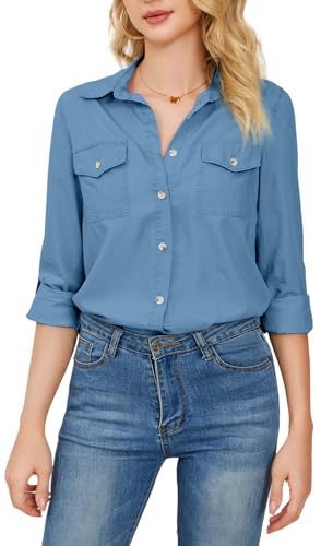 AIEOE Damen Blusen Jeanshemd Langarm Denim Blusen Hemden Button Down Arbeitsshirt Casual Oberteile Business Freizeithemd Elegant Jeansbluse mit V-Ausschnitt S Tiefblau von AIEOE
