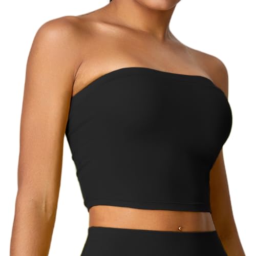 AIEOE Damen Crop Tops Gepolsterter Sport BH Tube Top Fitness Yoga Tanktop Workout Laufshirts Trägerlos BH Bandeau Top Rückenfrei Bralette L Schwarz von AIEOE
